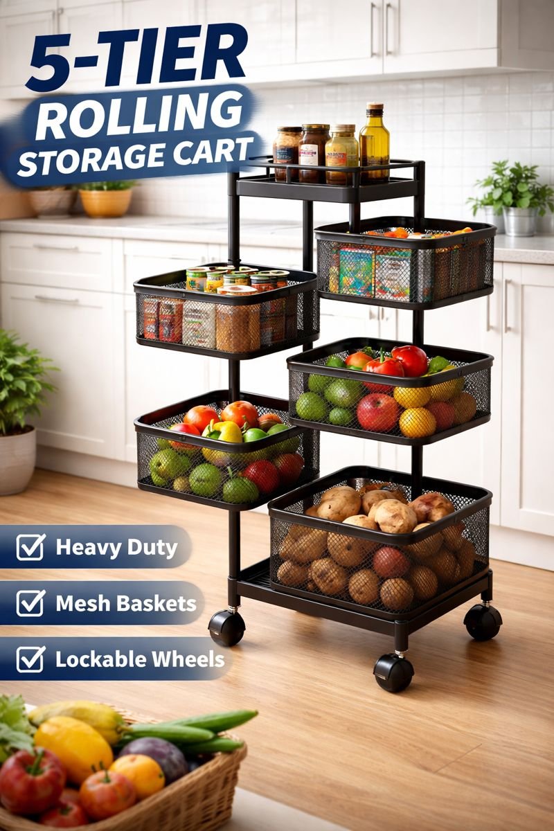 5 Layer Storage Kitchen Trolley For Storing Fruits & Vegetables - Black