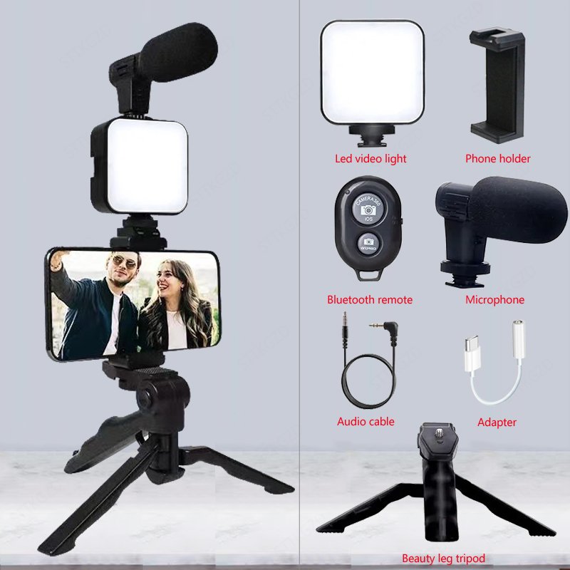 Video Making, Vlogging Kit Bluetooth Remote, Mic, Mini Tripod Stand, LED Light & Phone Holder Clip