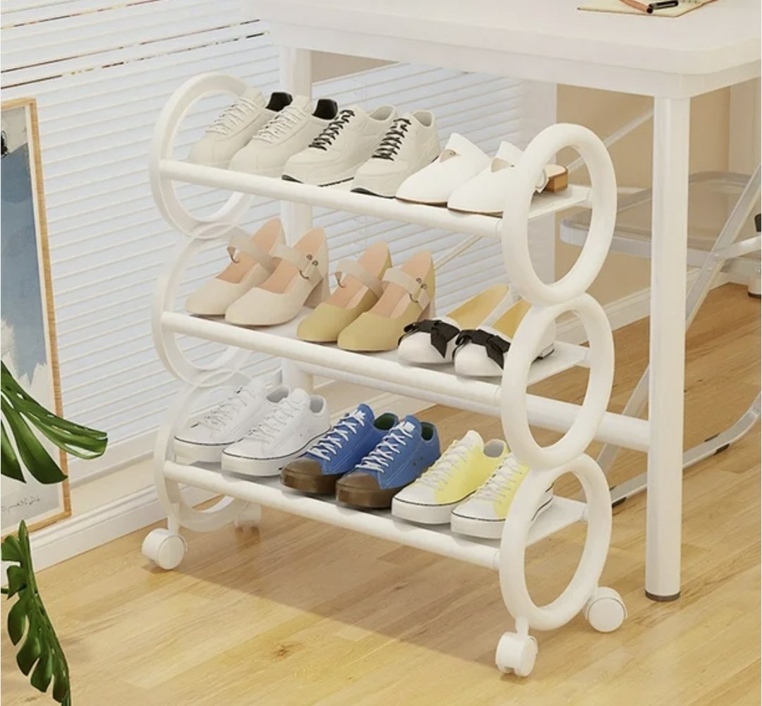 3 Tier Layer  Plastic Shoe Rack Storage Organizer With Wheels - Black /white