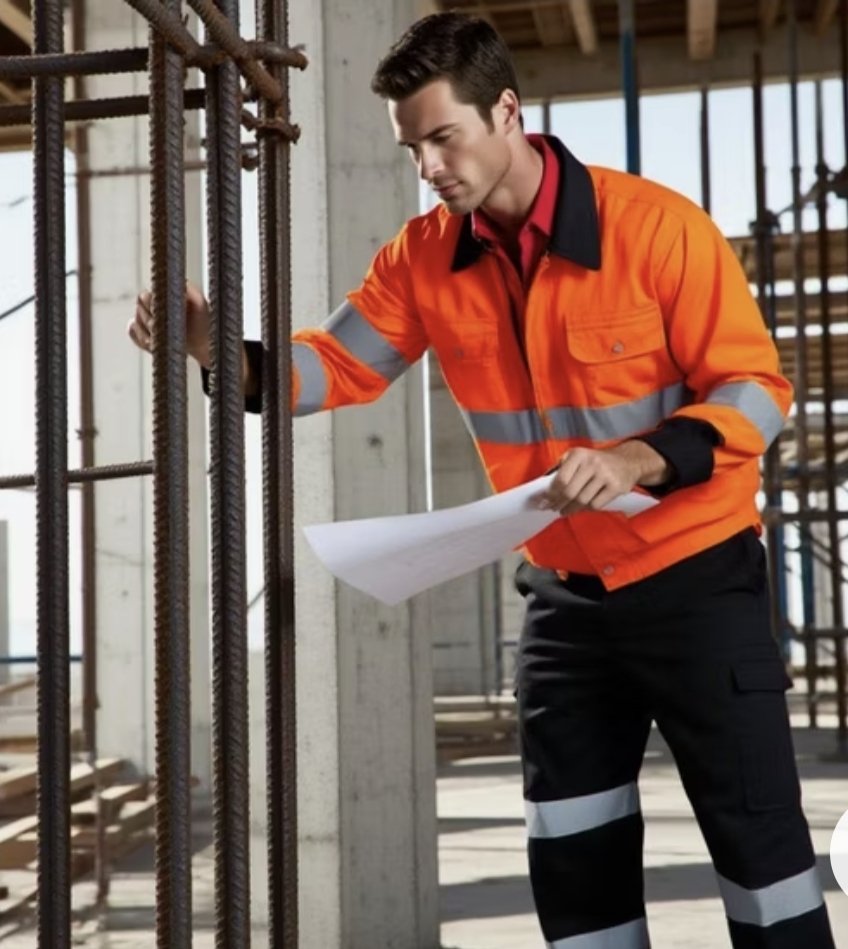 2-Piece Heavy Duty Visibility Construction Work Uniform Set - Navy blue, Orange