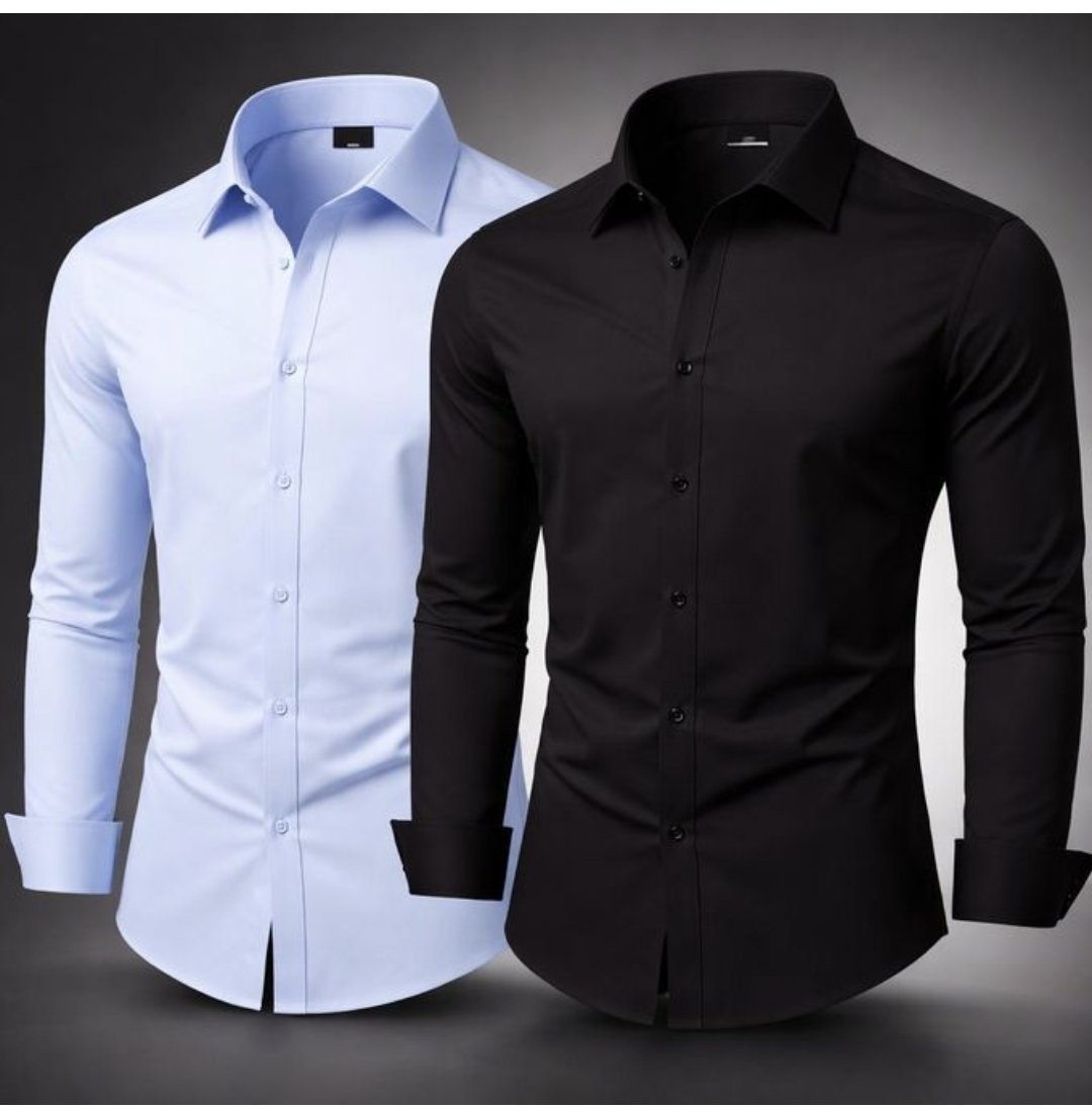 2 Pack Of Men's Cotton Office Shirts Long Sleeve - Blue & Black
