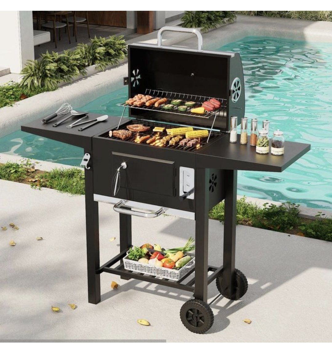 Charcoal Grill, Heavy Duty Cooking Grill with 2 Foldable Side Tables
