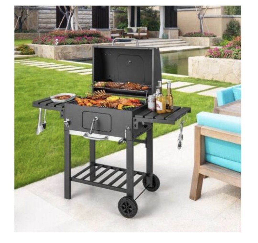 Charcoal Grill, Heavy Duty Cooking Grill with 2 Foldable Side Tables - Black