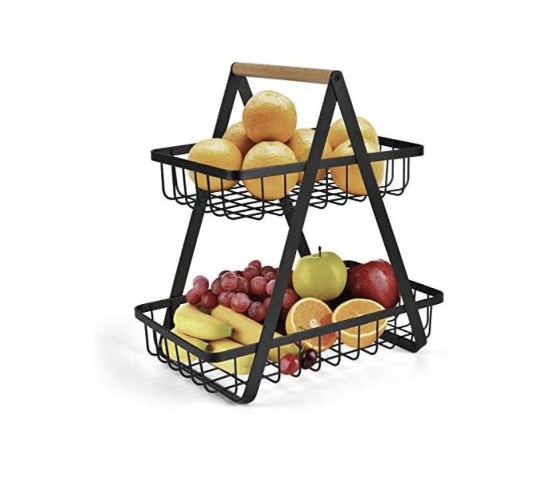 2-Tier Countertop Fruit Basket Bowl Bread Basket Vegetable Holder Kitchen Storage, Black