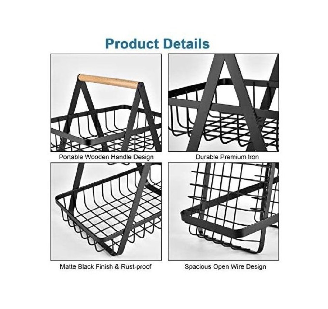 2-Tier Countertop Fruit Basket Bowl Bread Basket Vegetable Holder Kitchen Storage, Black