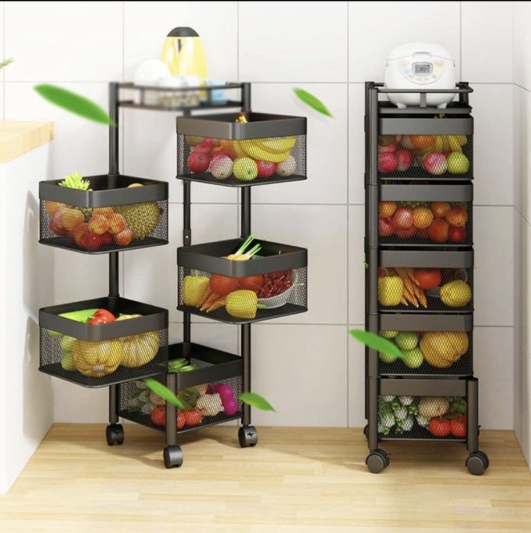 5 Layer Rotating Kitchen Trolley For Storing Fruits & Vegetables - Black