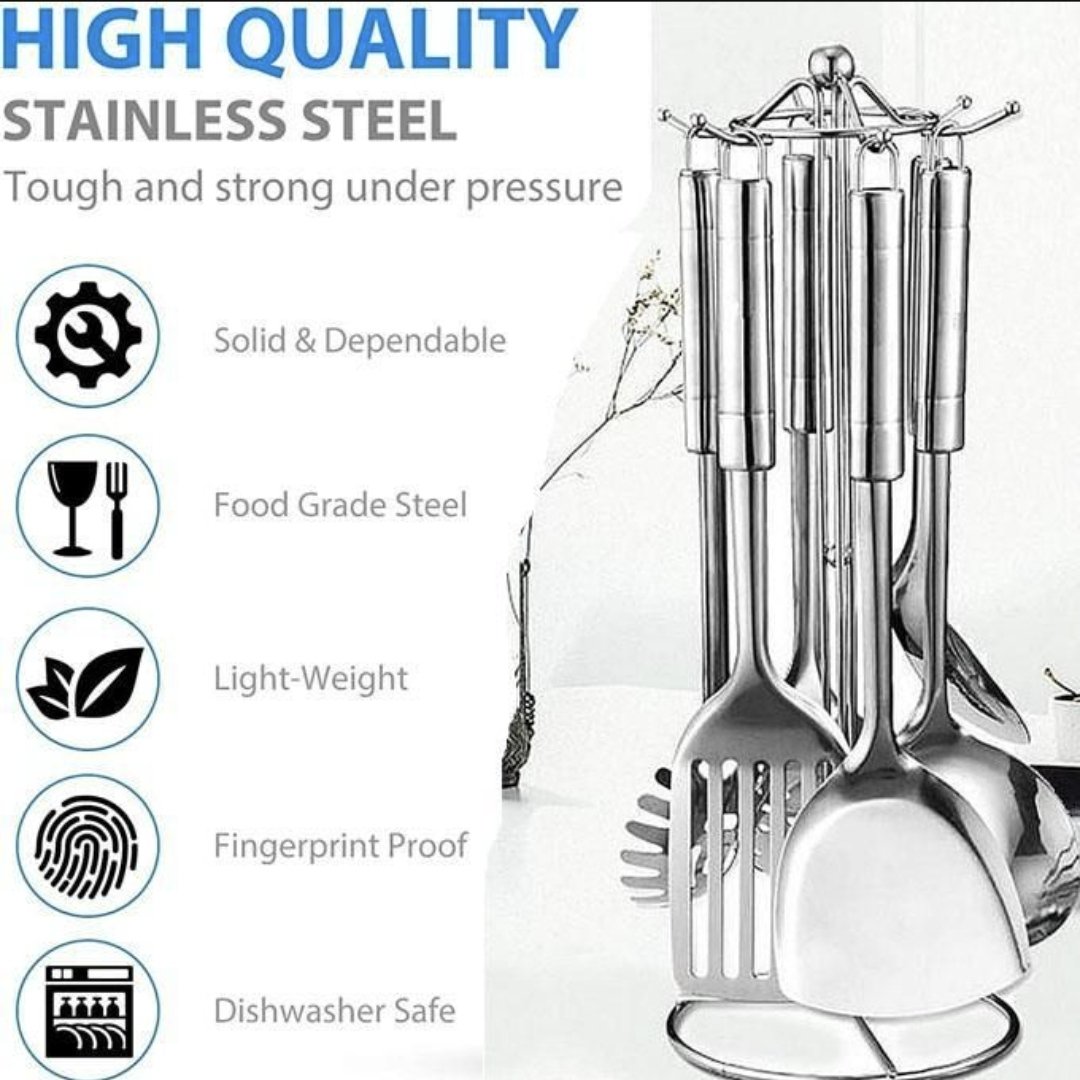 7 Piece Stainless Steel Cooking Tools Set with Rotating Holder - Silver