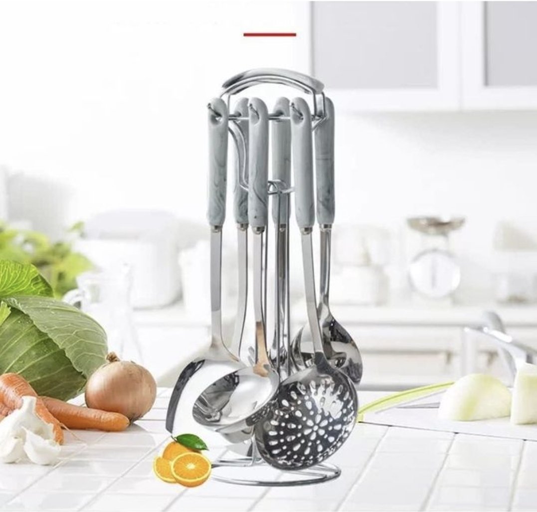 7 Piece Stainless Steel Cooking Tools Set with Holder - Silver