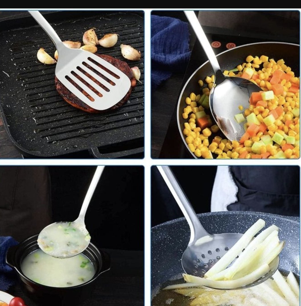 7 Piece Stainless Steel Cooking Tools Set with Rotating Holder - Silver
