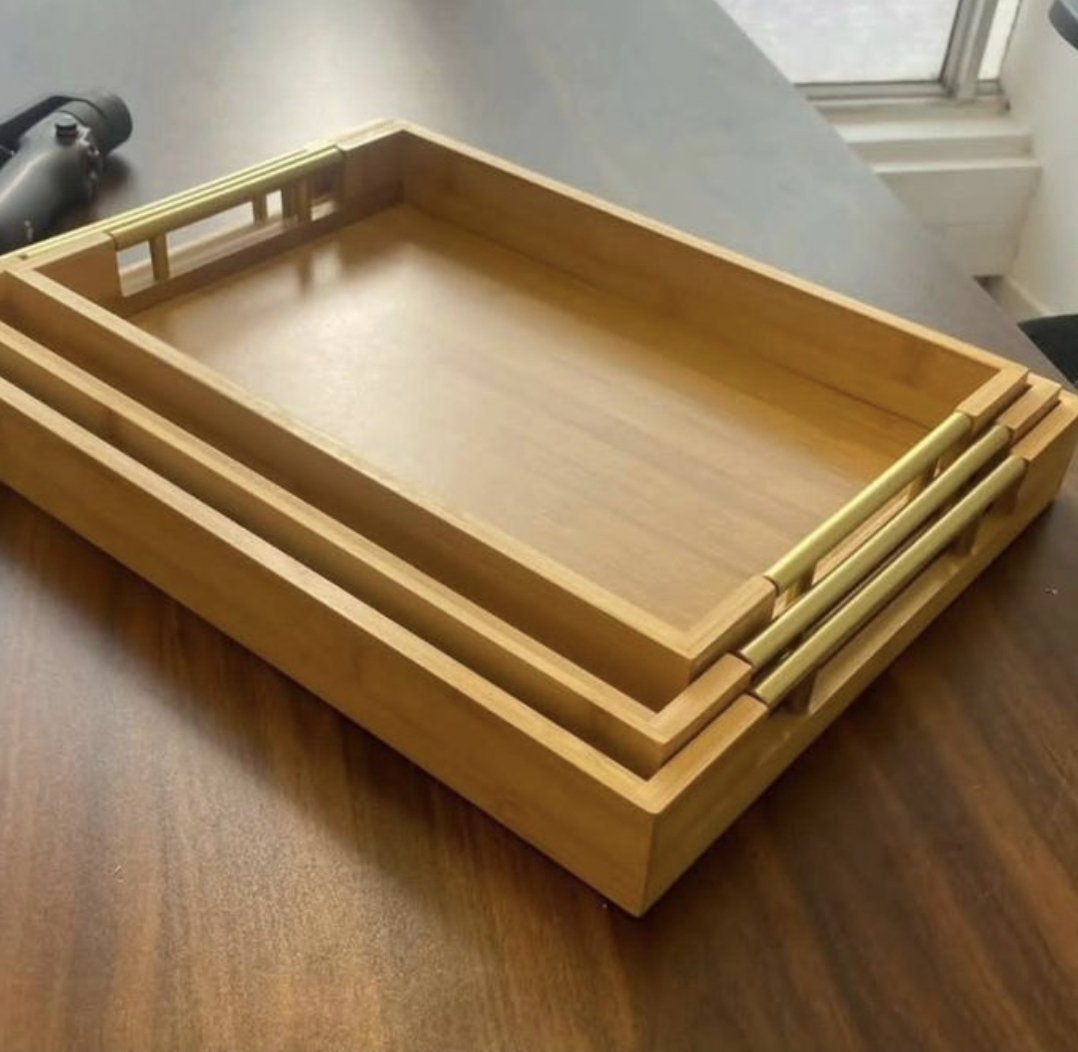 Set Of 3Pcs Bamboo Wooden Trays With Golden Handles - Brown