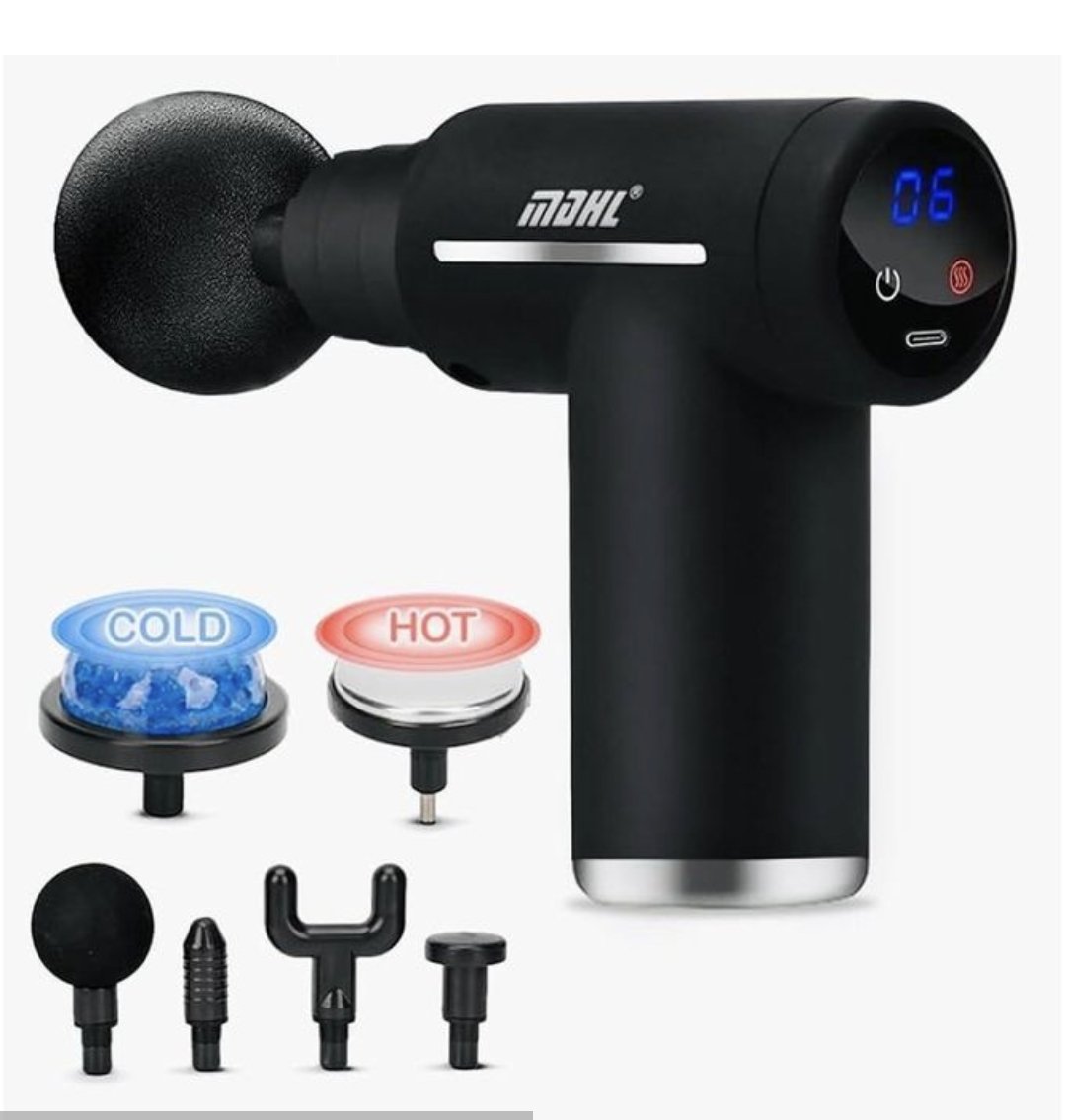 MDHL massage gun kit, portable, handheld deep tissue massager used for muscle recovery and relaxation.