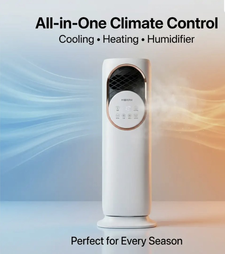 4-in-1 Oscillating Tower Fan | Cooler and Heater Combo | with 120° oscillation, humidifier, 4L water tank, 9-hour timer, and remote control