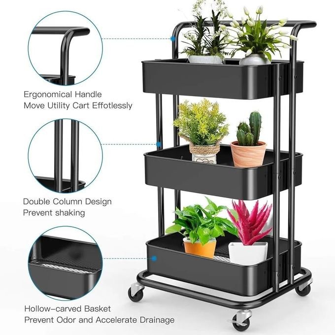 Storage Trolley Cart – 3 Tier Rolling Utility Organizer Rack