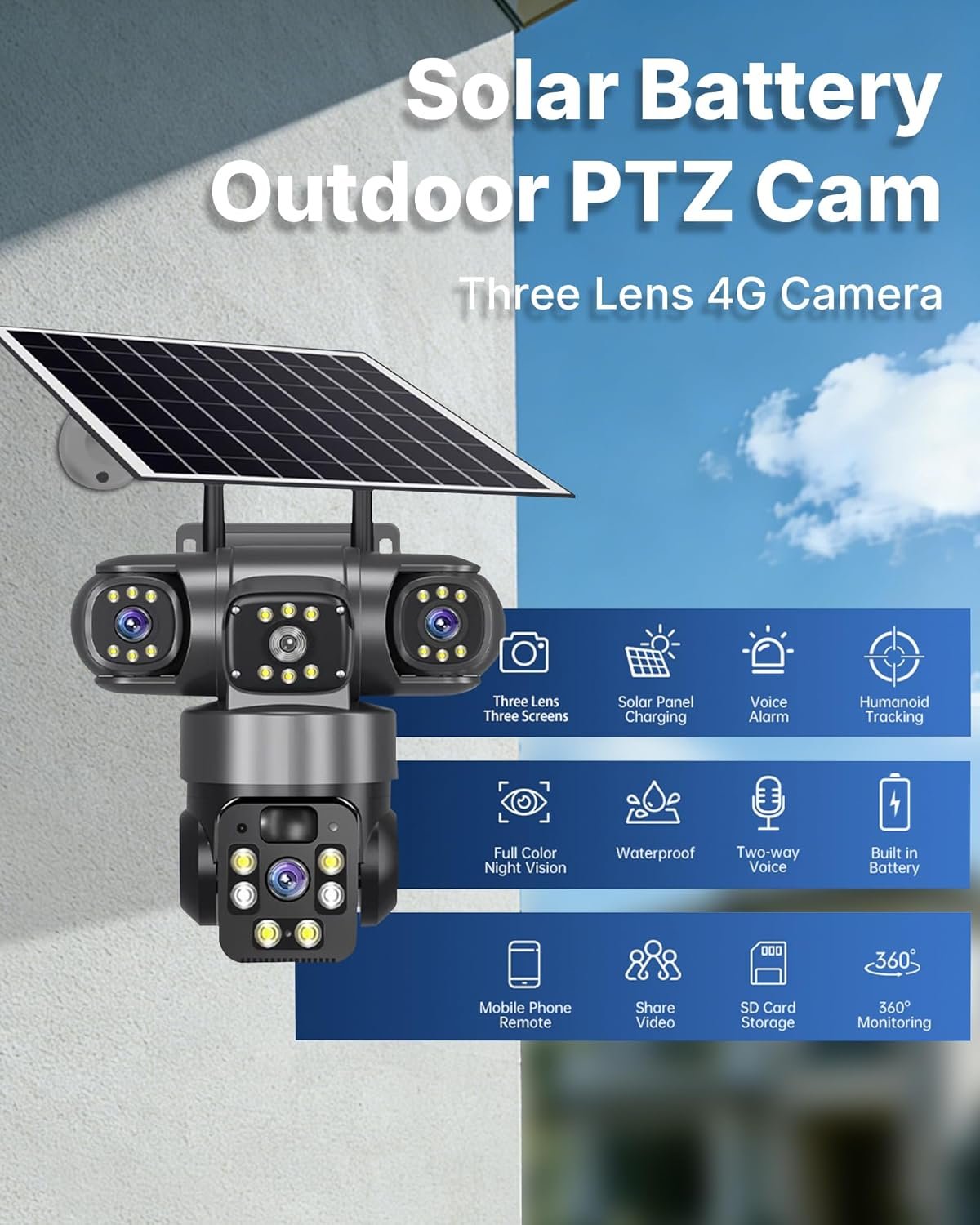 WiFi V380 -3 Lens, 9MP (WIFI ONLY, NO SIM CARD) High image resolution ptz solar powered cctv camera